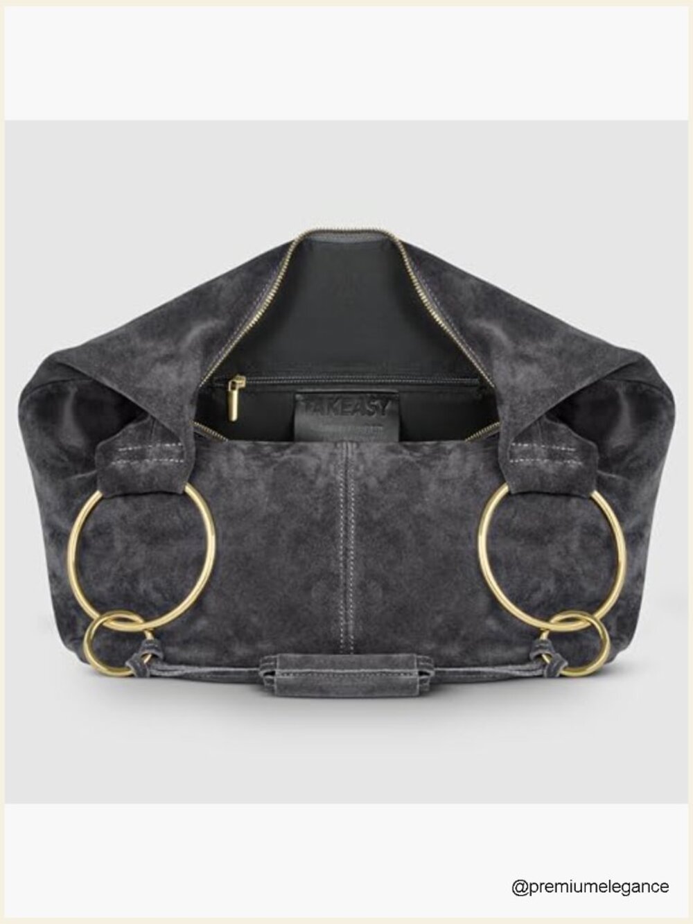Italian Suede Hobo Bag with Zippered Closure and Ring Hardware, Large Shoulder - Picture 2 of 4